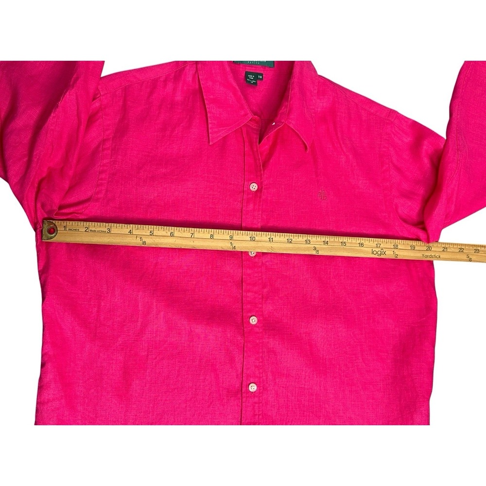 Lauren Ralph Lauren  Linen Bright Pink Button Down Blouse Size PM Petite Medium - Picture 8 of 13